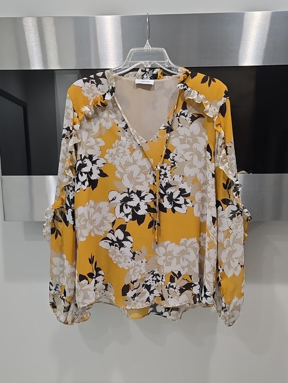 Calvin Klein Yellow Floral V-Neck Ruffle Sleeve Blouse